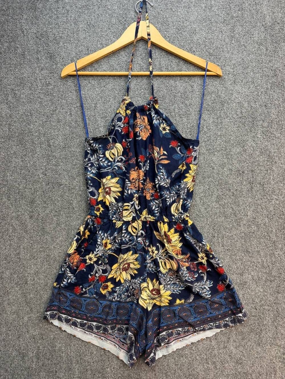 Angie Women's S Navy Blue Floral Halter Romper Boho 100% Rayon Shorts